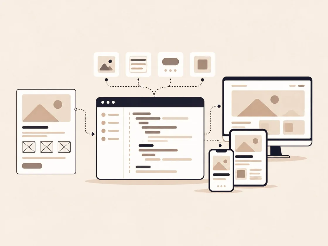 Illustration of a design turning into code and responsive screens