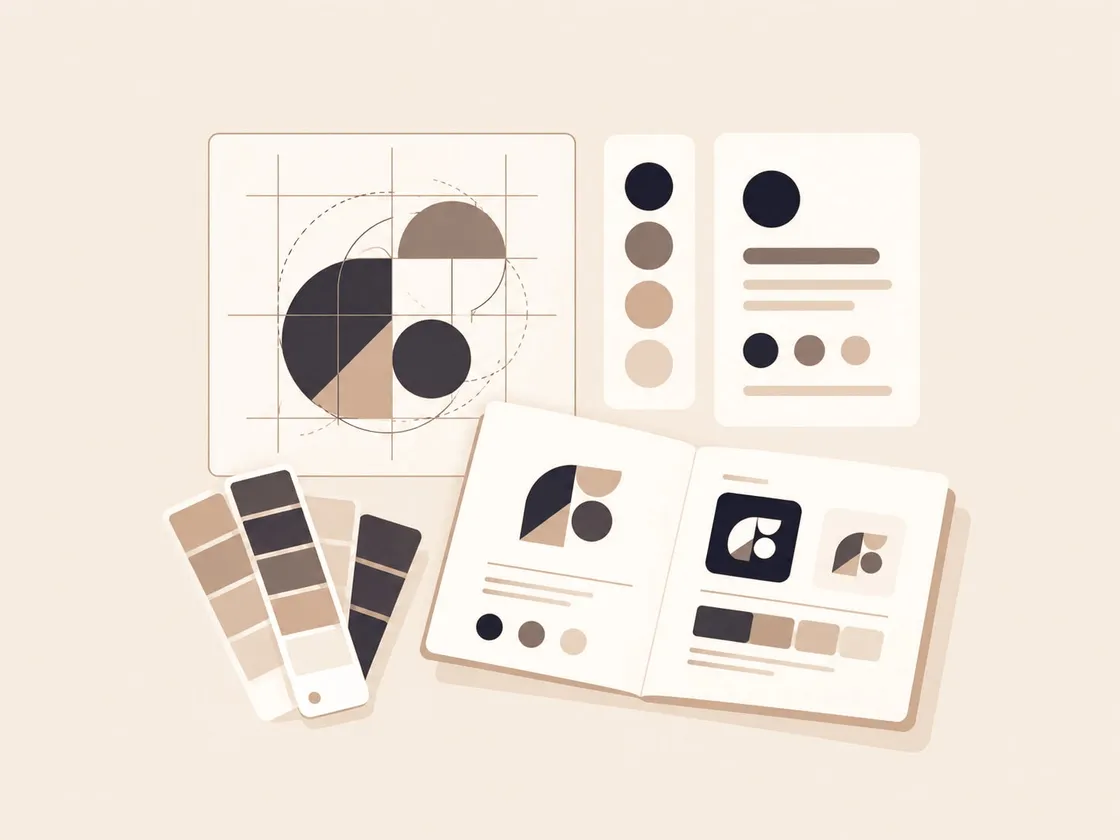 Illustration of a logo grid, colour swatches, and a brand guidelines book