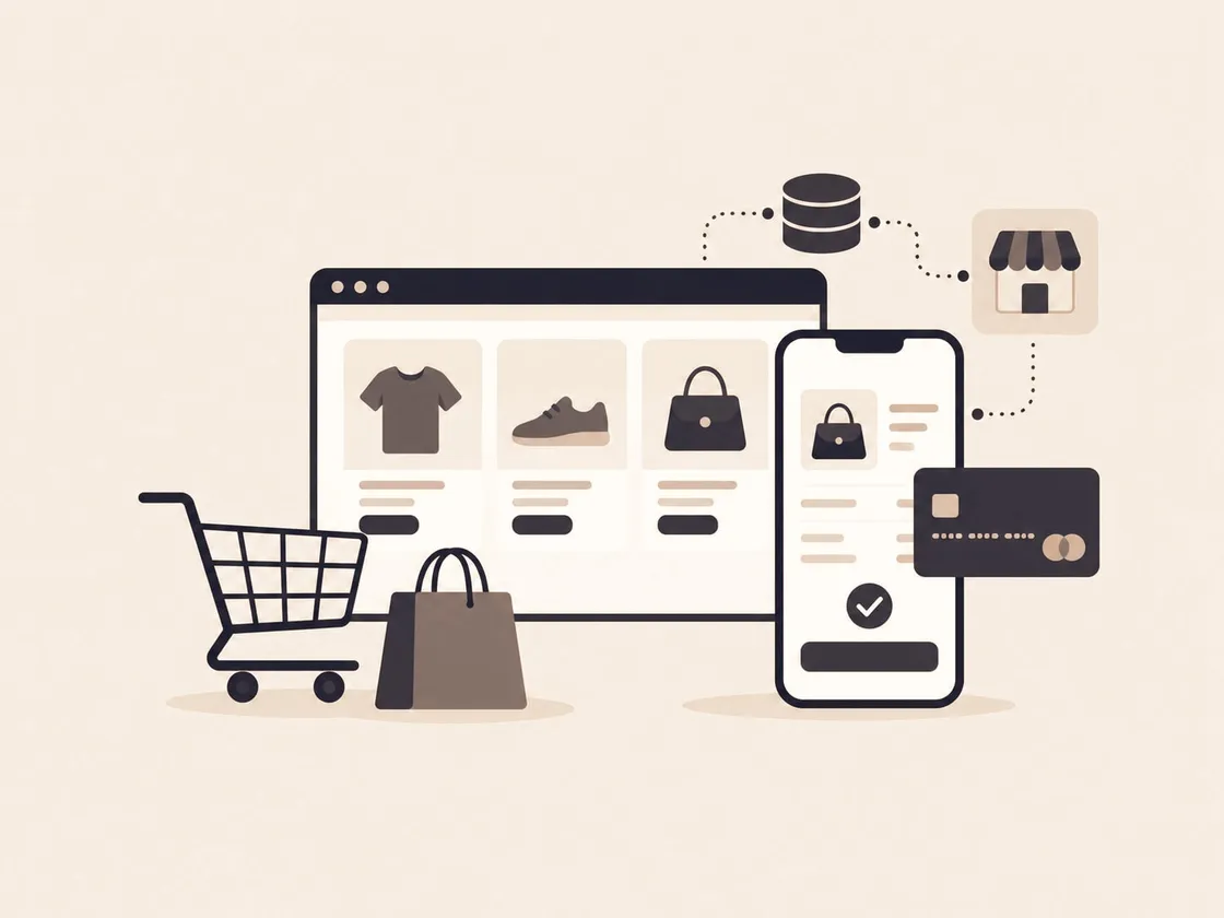 Illustration of an online store with a shopping cart, product pages, and card payment