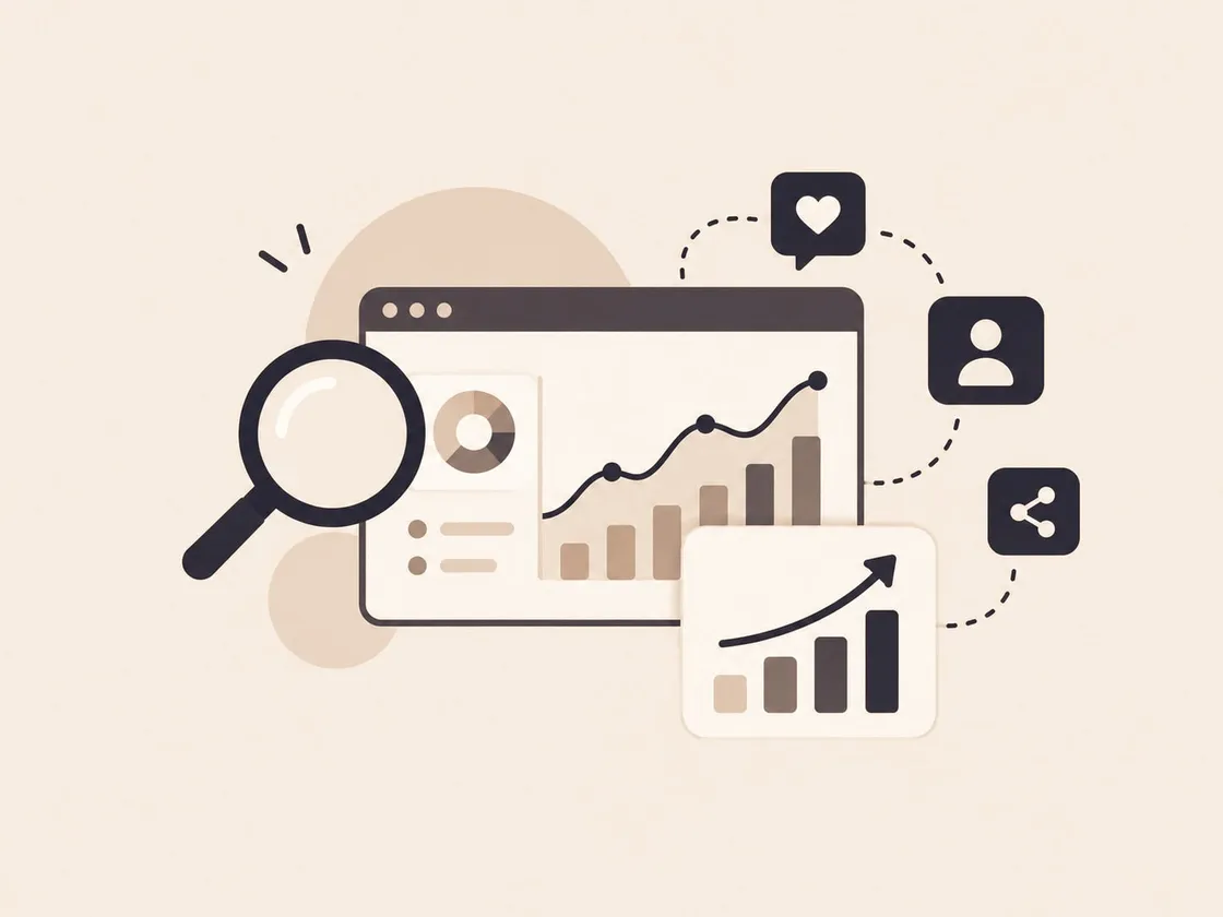 Illustration of an analytics dashboard with growth charts and social media icons