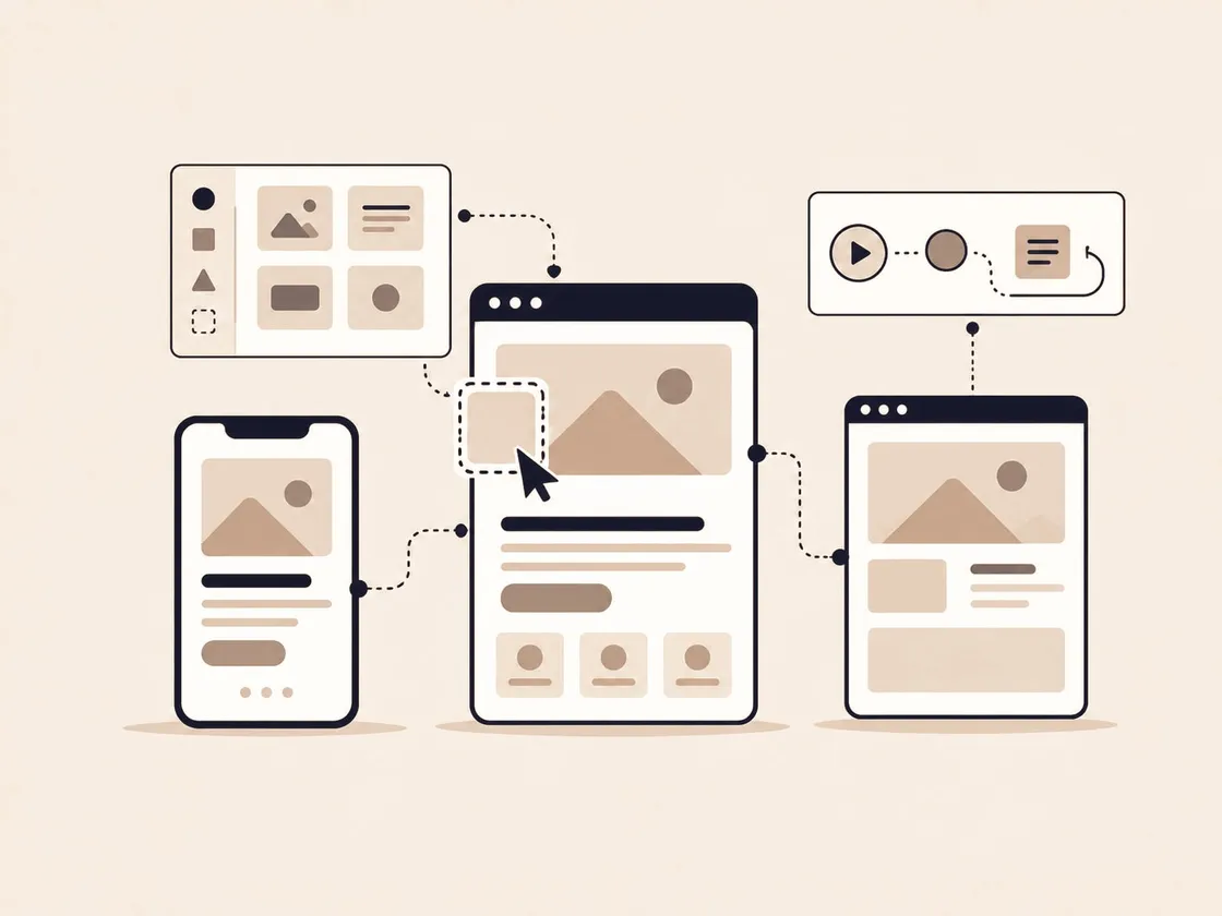 Illustration of linked screen wireframes forming a clickable prototype