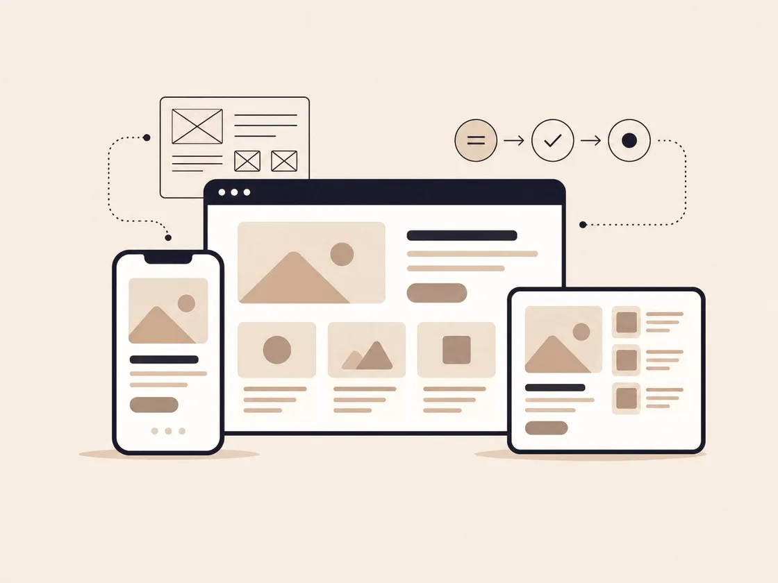 Illustration of a website wireframe adapting across desktop, tablet, and phone