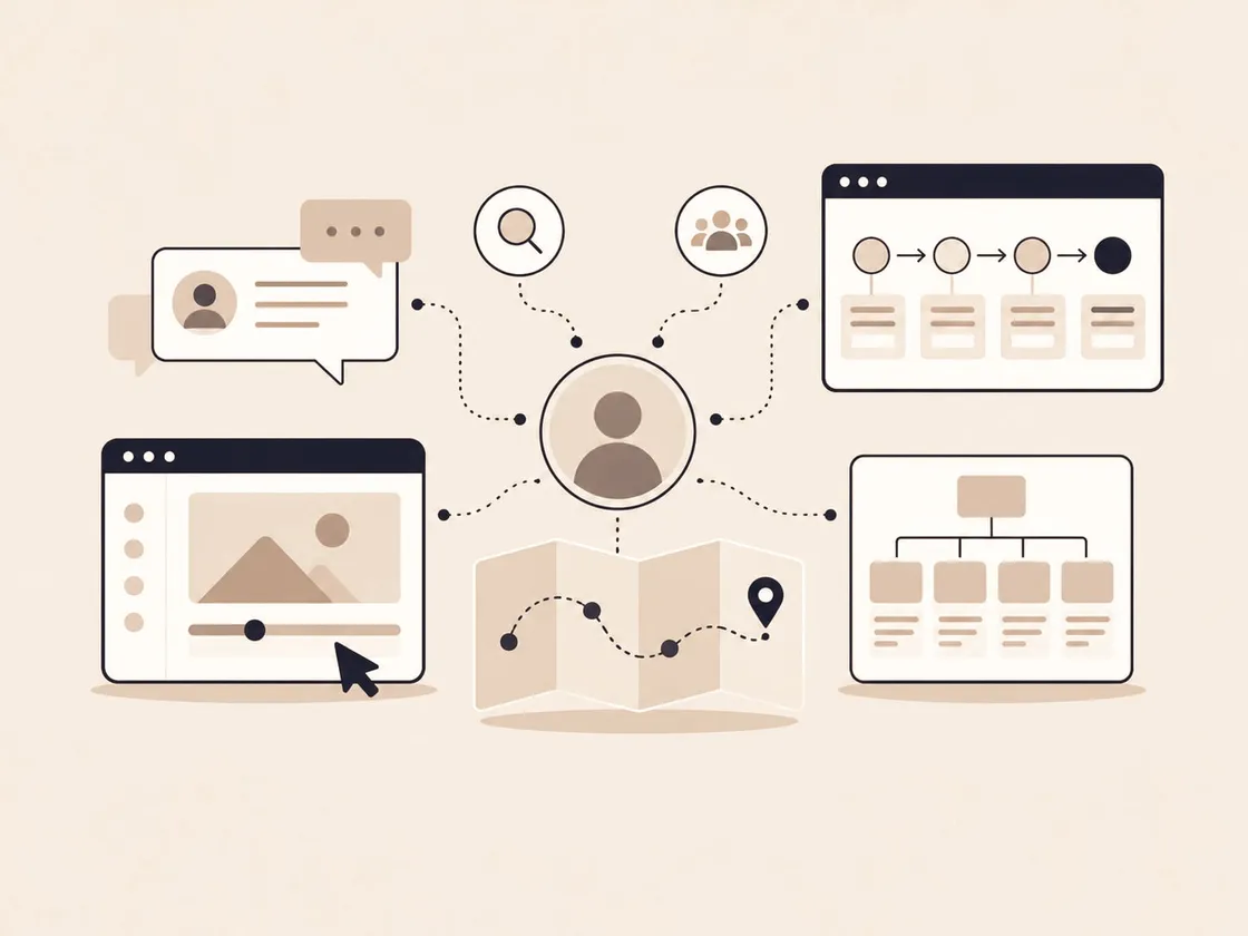 Illustration of a user at the centre of journeys, research, and site structure
