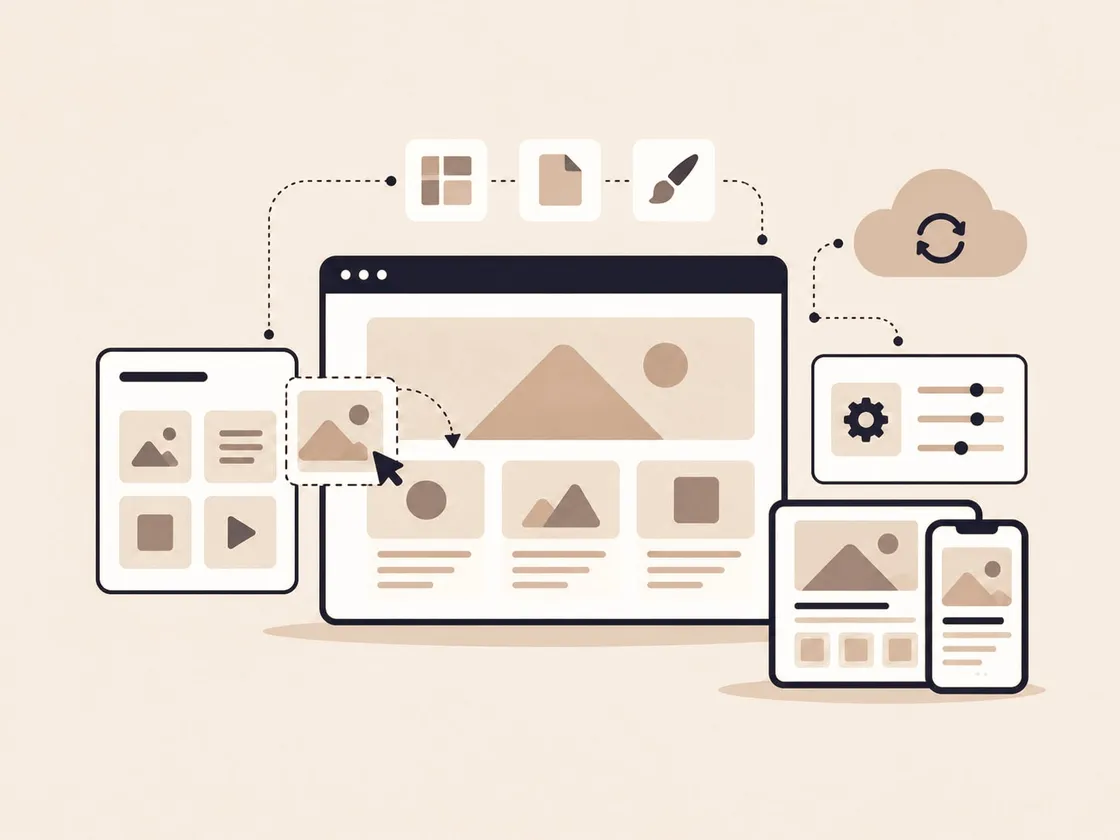 Illustration of a website being built from page blocks and settings