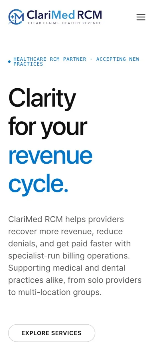 ClariMed RCM website on mobile