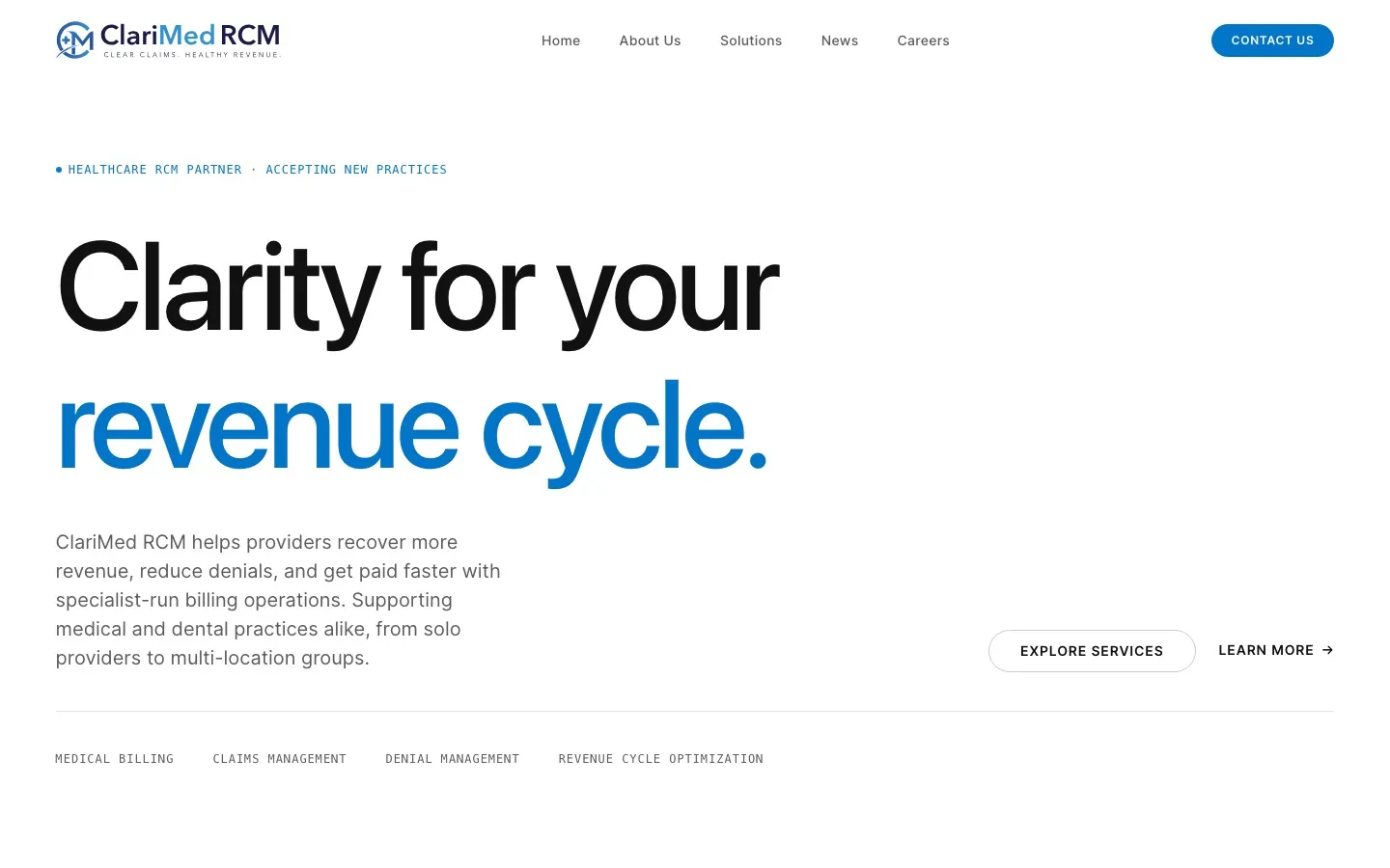 ClariMed RCM website on desktop