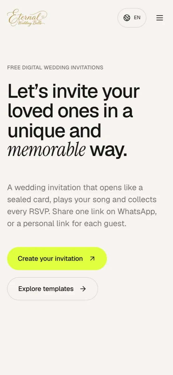 Eternal Wedding Bells website on mobile