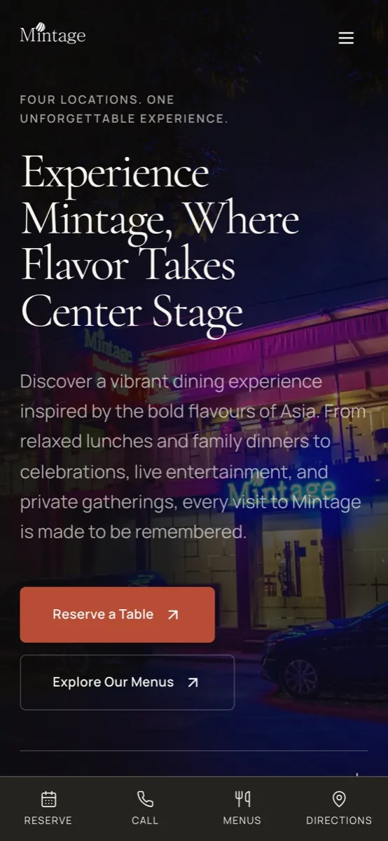 Mintage Restaurants website on mobile